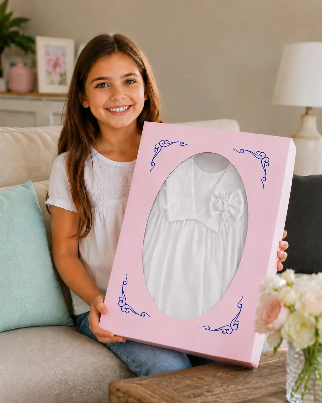 Christening dress preserved in a smaller keepsake preservation chest