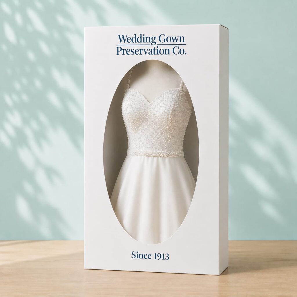 Traditional white gloss wedding dress preservation chest