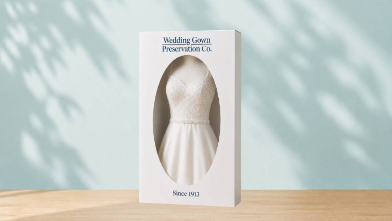Traditional wedding dress preservation in a white gloss preservation chest with a viewing window