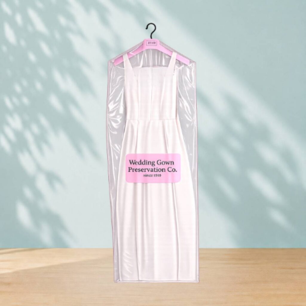 Wedding Dress Preservation vs. Wedding Dress Restoration 2 Wedding dress cleaned on a premium hanger in a garment bag