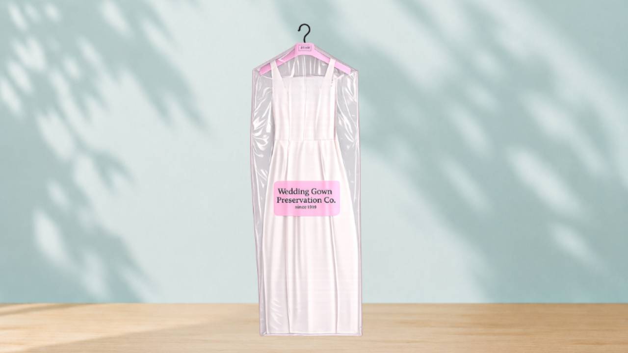 Wedding dress clean-only service, returned on a premium hanger in a garment bag