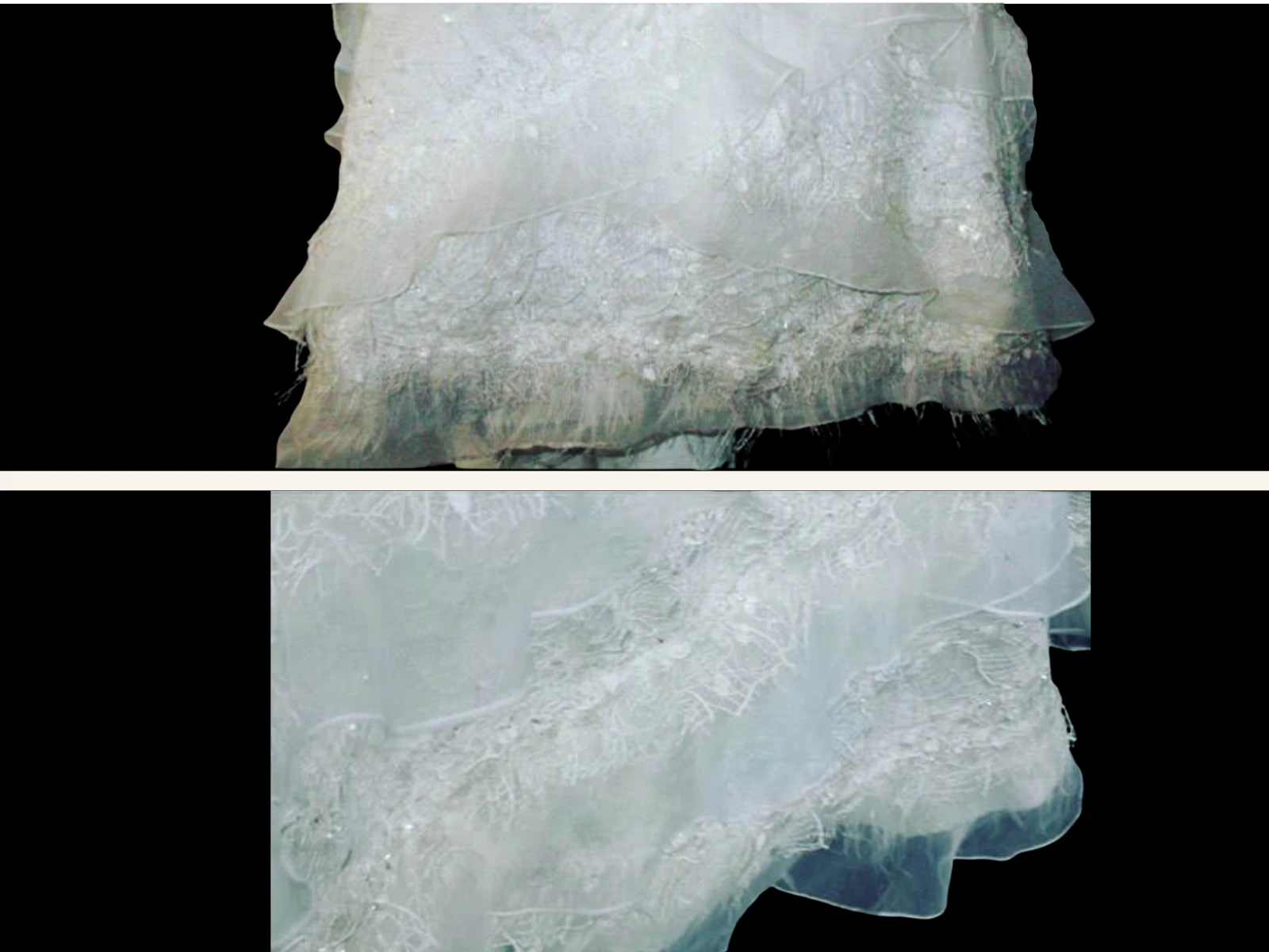 Before and after cleaning: Dingy, Grayed Lace at the Hem