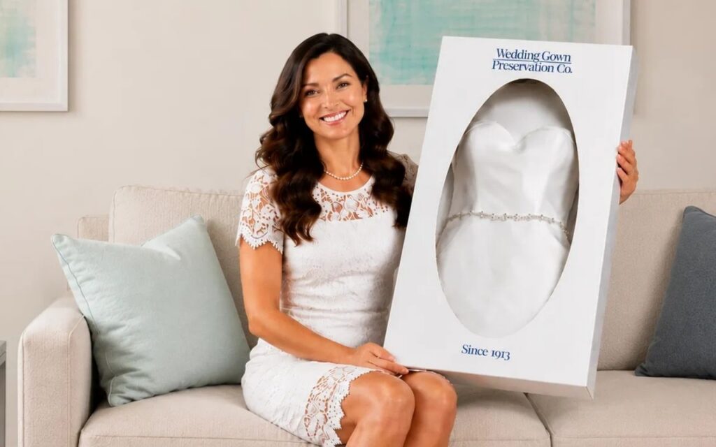 Preserved wedding dress in an acid-free preservation chest