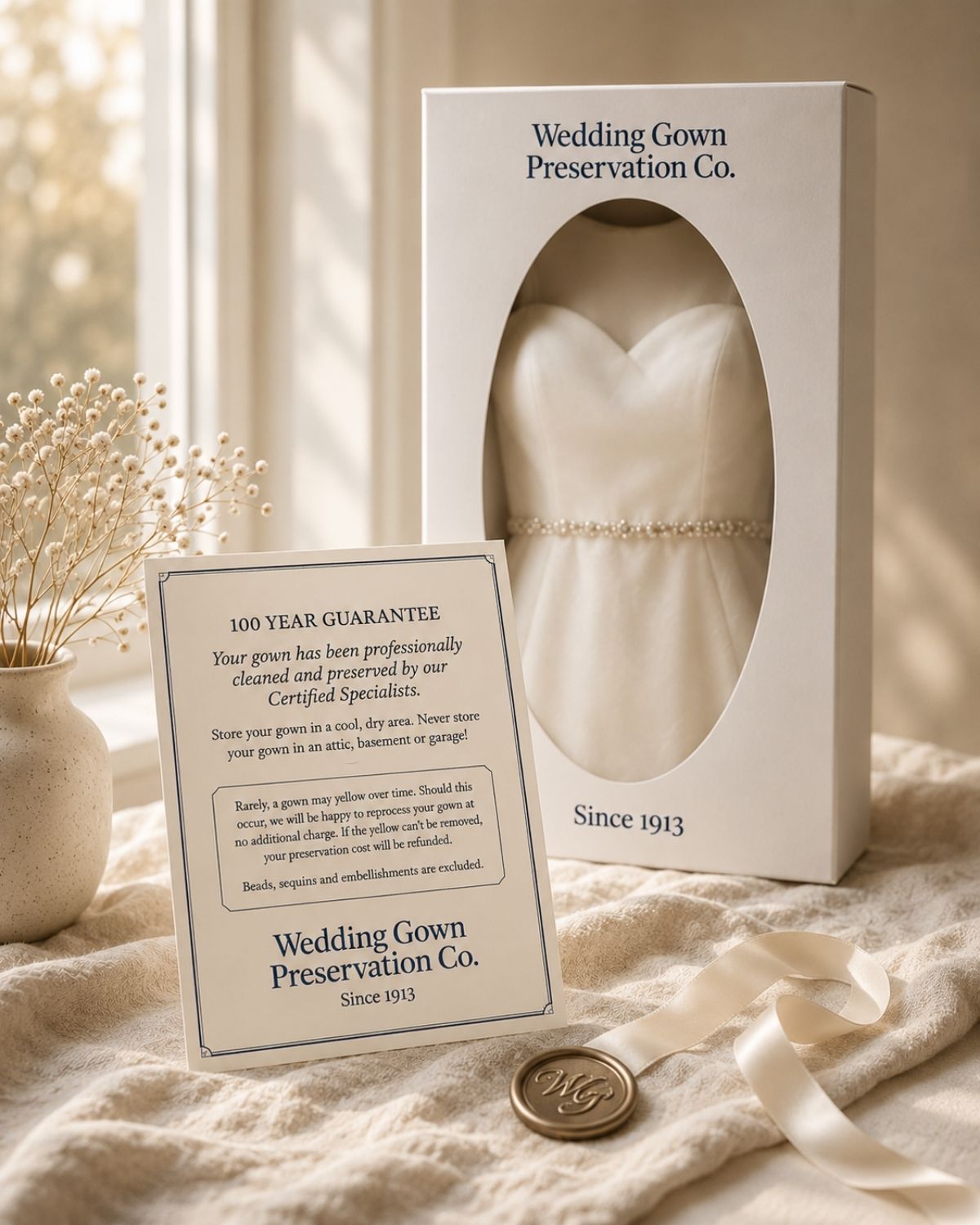 Preserved wedding dress in a preservation chest with the 100-year guarantee certificate
