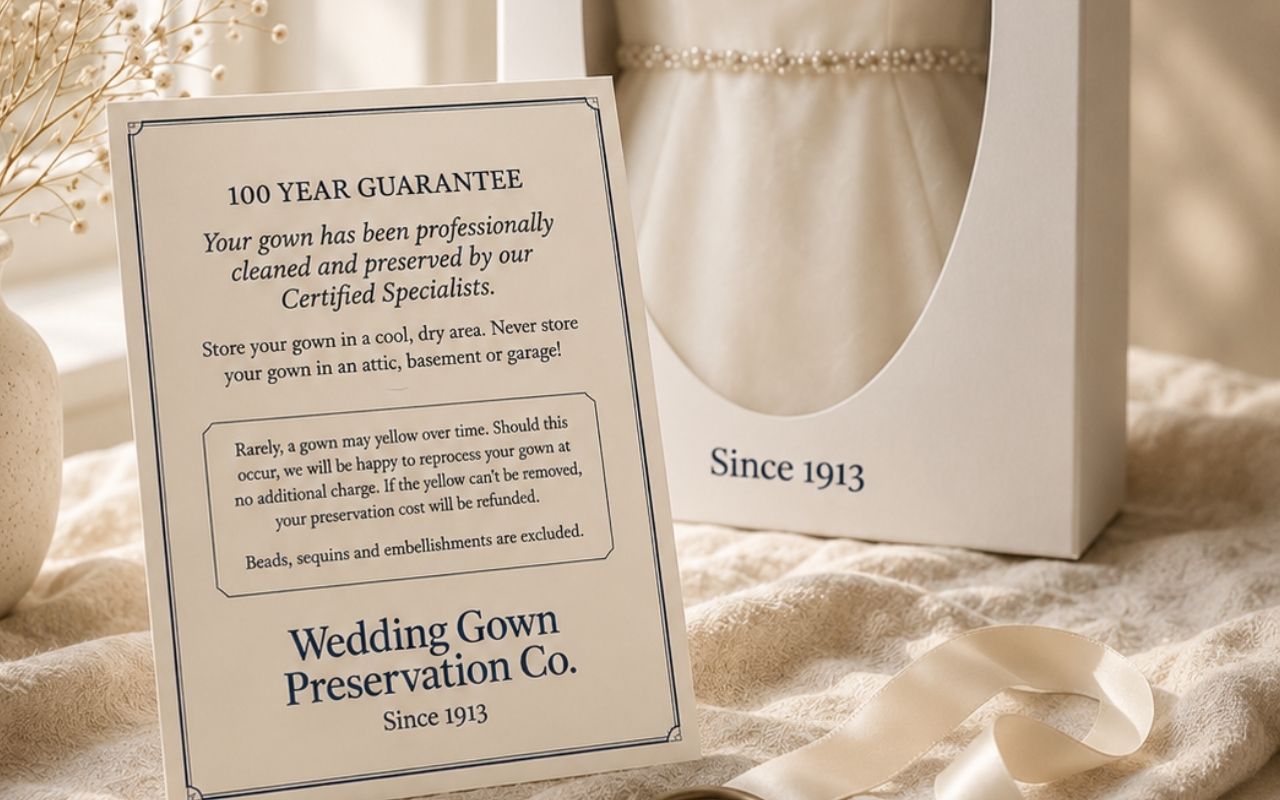 100-year written wedding dress preservation guarantee certificate
