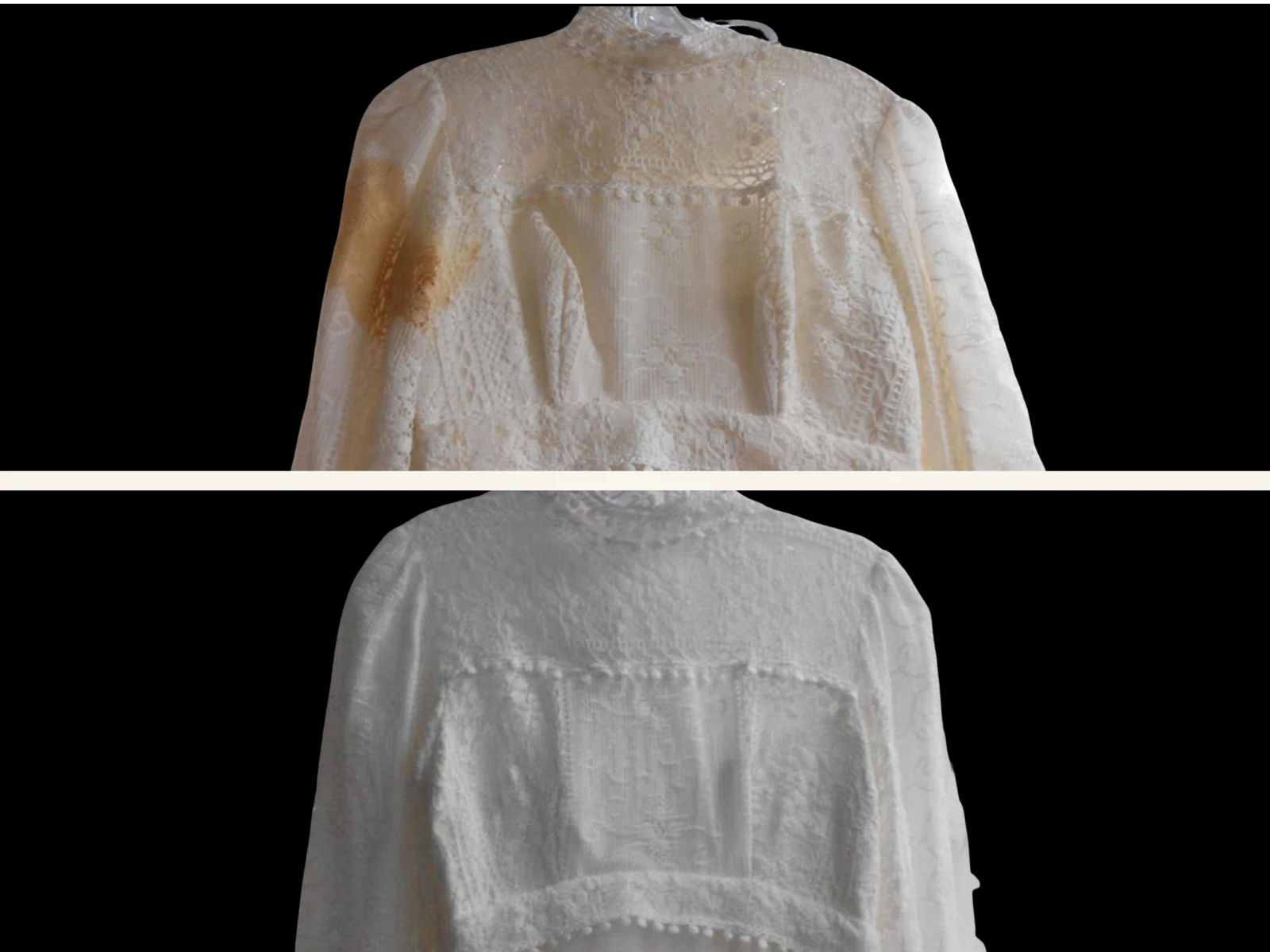 Antique lace wedding dress before and after restoration &mdash; yellowing and a brown stain on the bodice lifted, returned to bright white