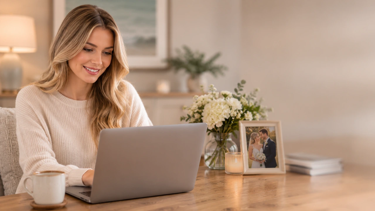 A newlywed bride reading wedding dress preservation reviews on her laptop at home, her framed wedding photo beside her
